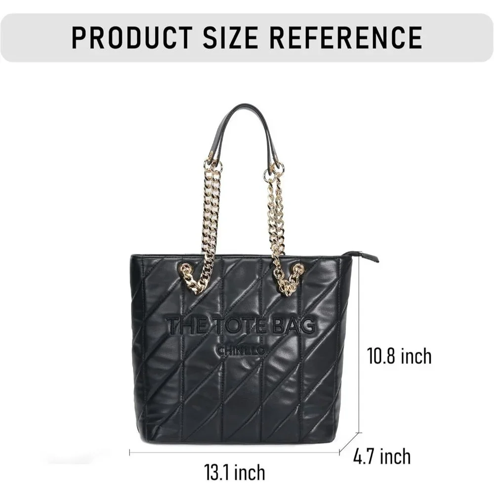 Women's Black-Quilted PU Leather Sophisticated Elegant Retro Style Tote Bag